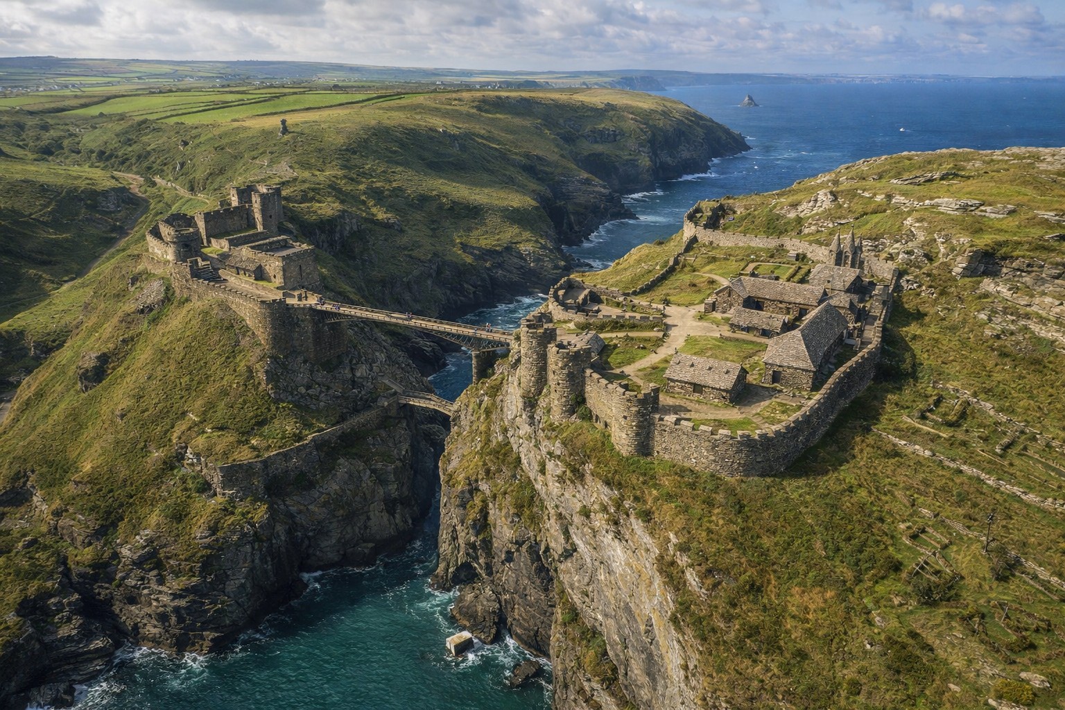 Tintagel Castle reconstruction showing a complete medieval coastal fortress in Cornwall