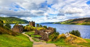 Urquhart Castle overlooking Loch Ness in the Scottish Highlands