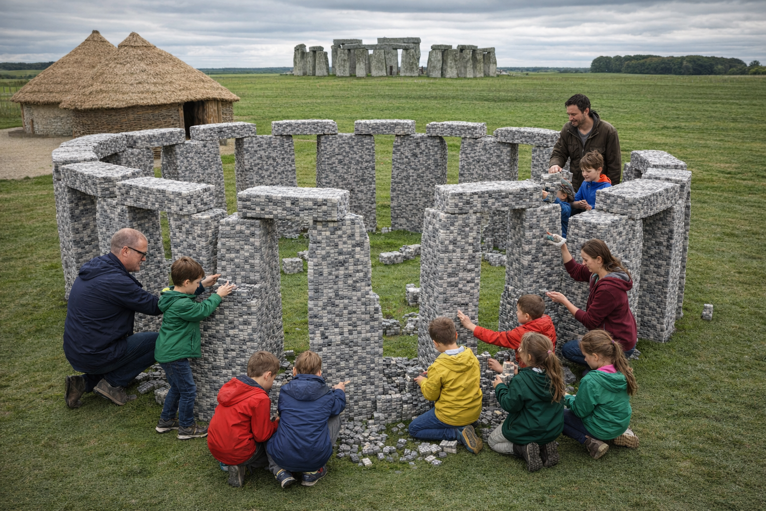 Children building a Stonehenge model at Easter Big Brick Build event near Stonehenge