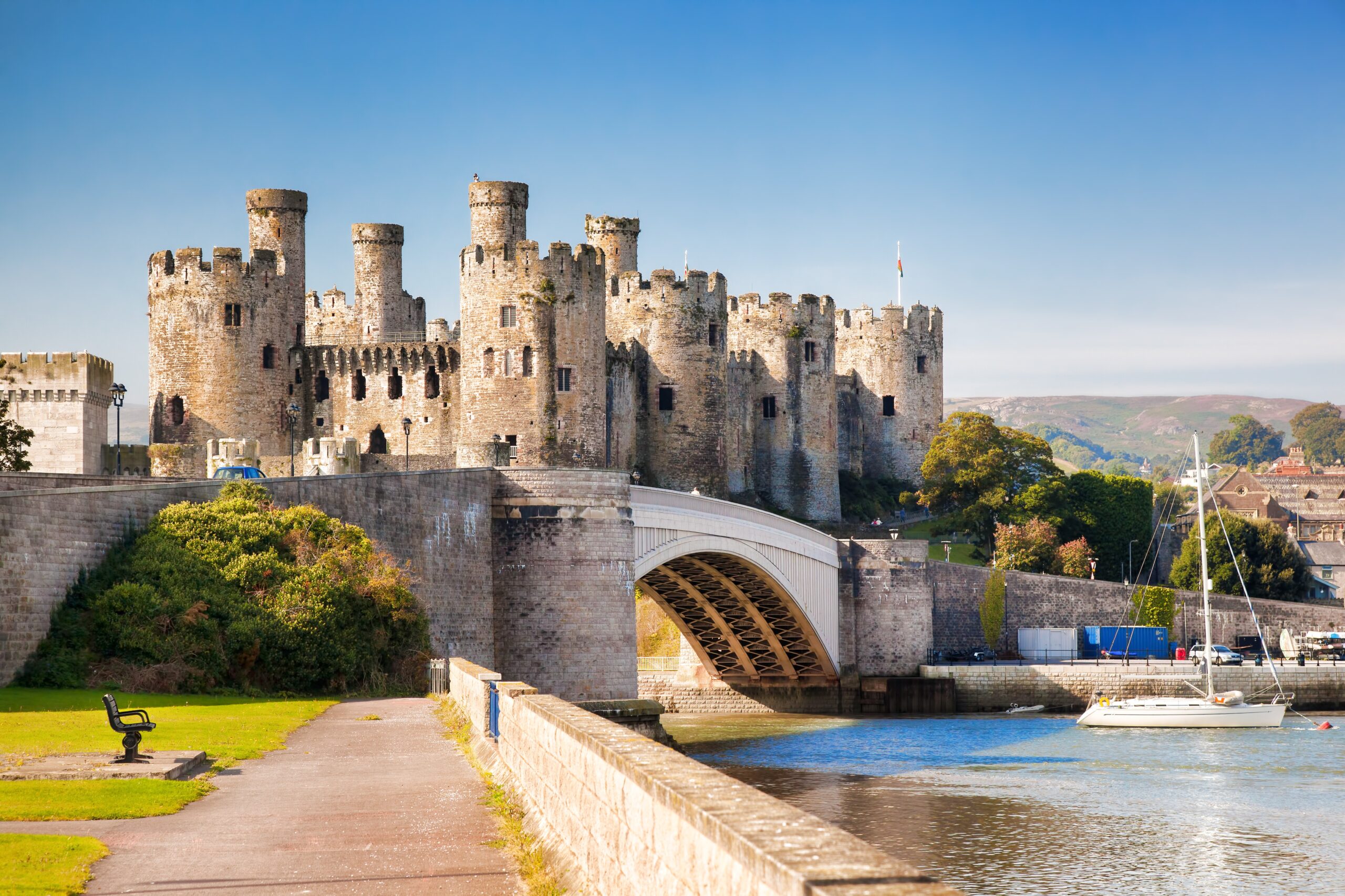 Conwy Castle in Wales with medieval walls and bridge over the River Conwy