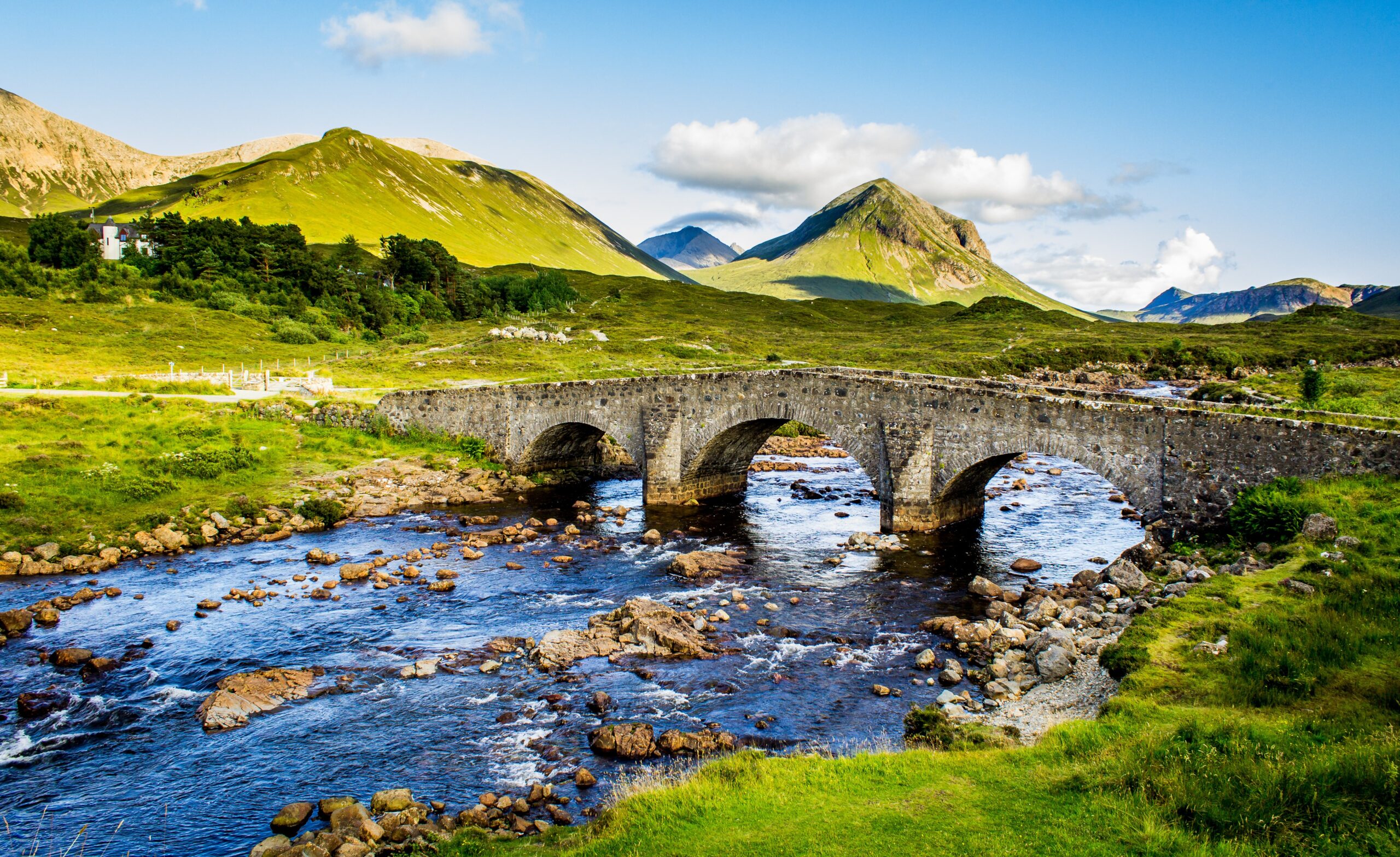 Sligachan Old Bridge with Cuillin mountains on the Isle of Skye, Scottish Highlands