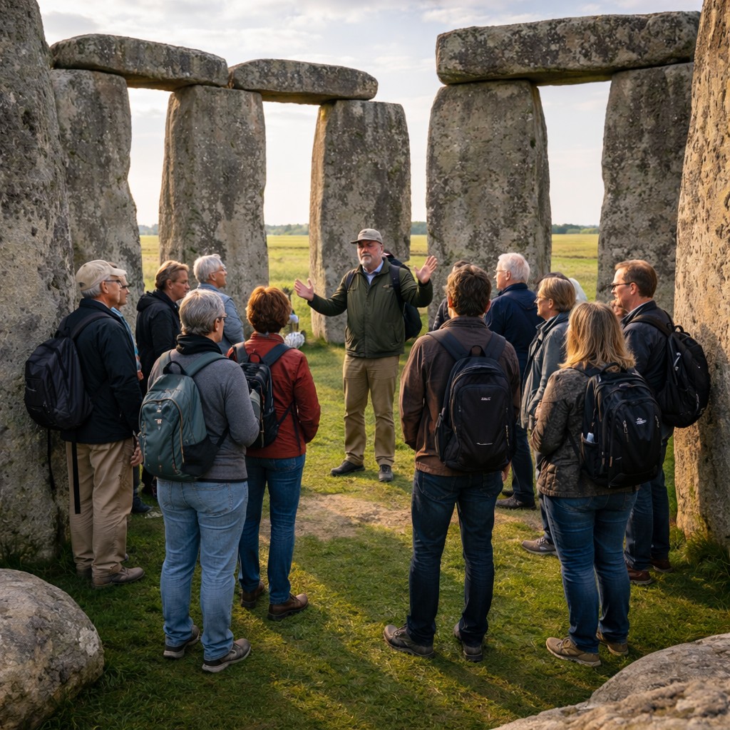 Stonehenge Inner Circle tour group standing inside the stone circle with guide during special access visit