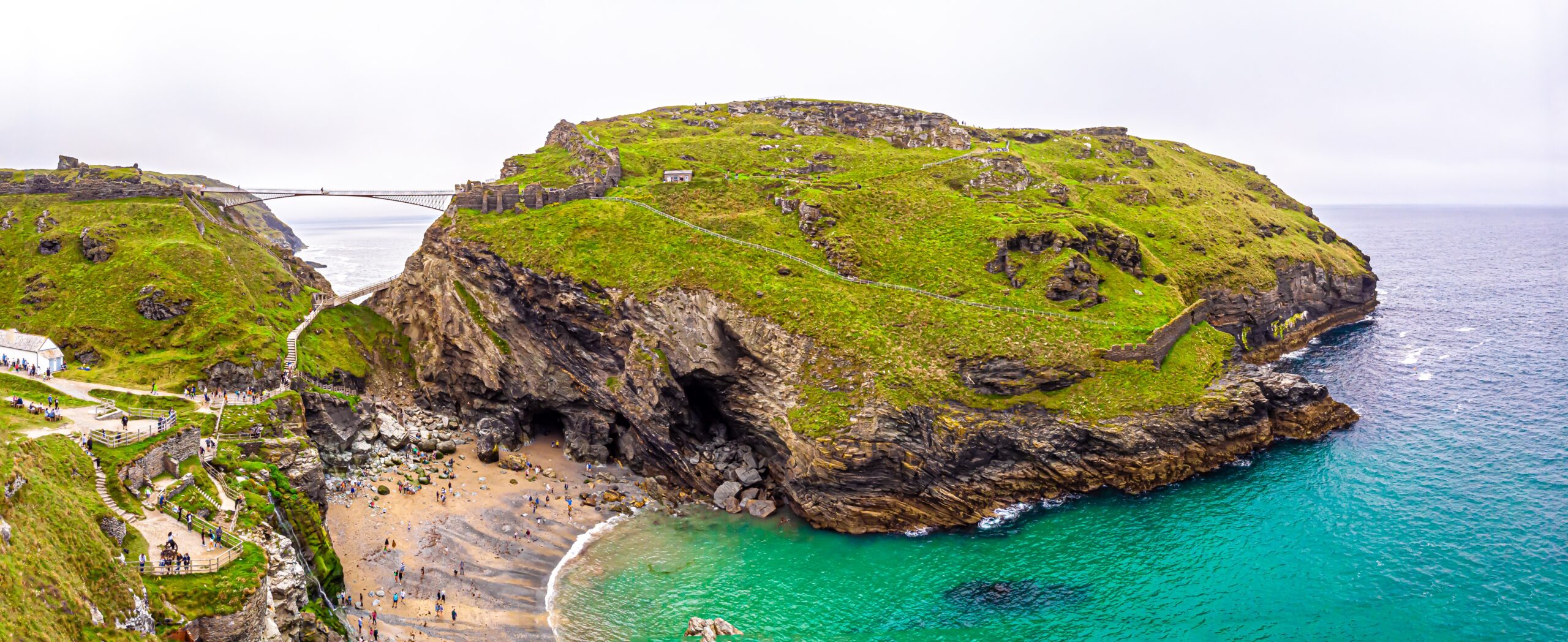 Tintagel Castle cliffs and Merlin’s Cave on the Cornwall coastline