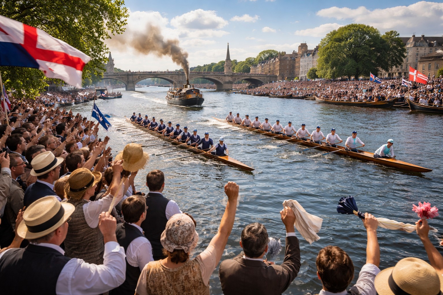 Oxford and Cambridge rowing crews racing on the River Thames during the Boat Race in London with crowds watching from the riverbanks