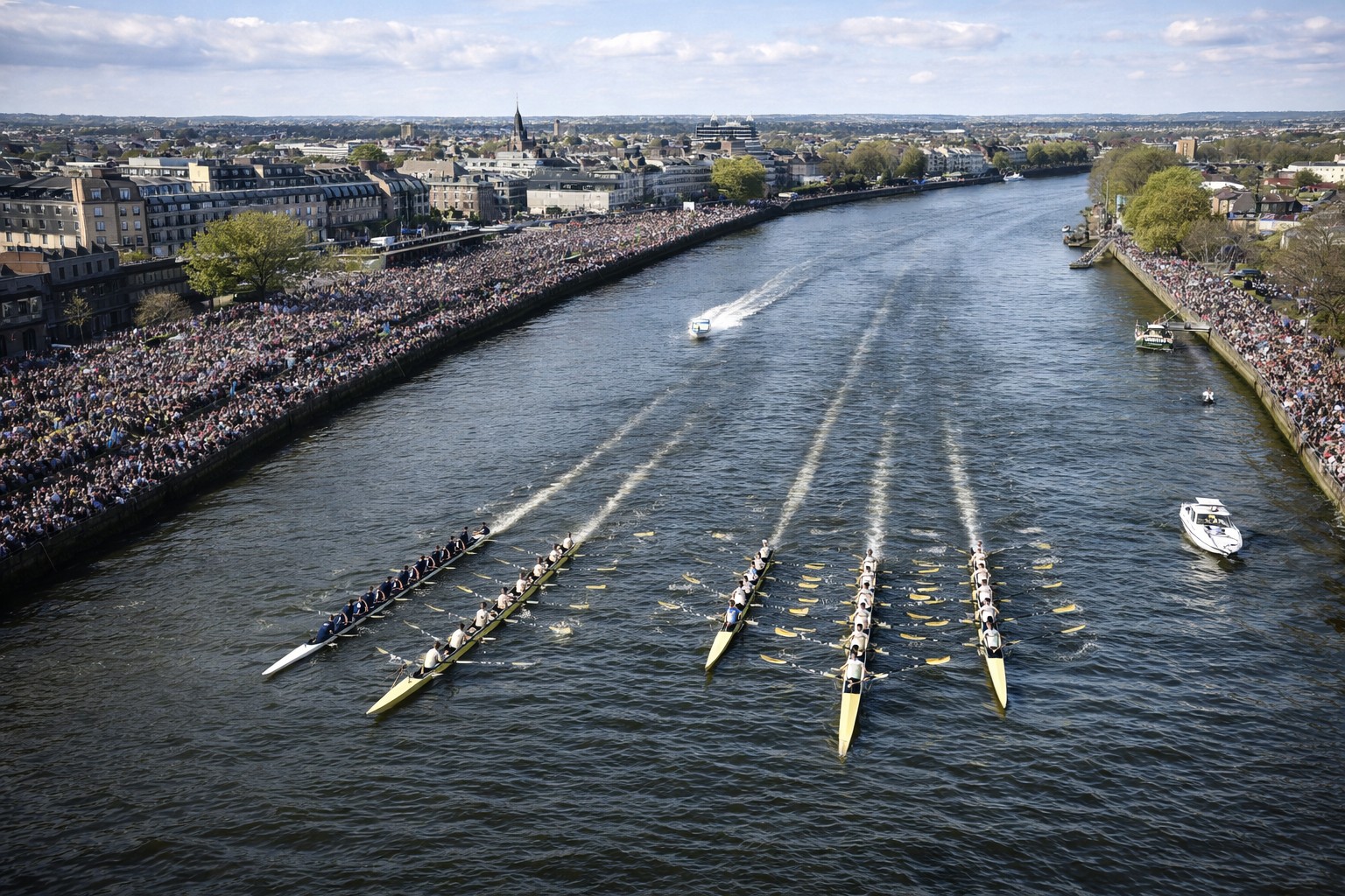Illustrated map of the Oxford Cambridge Boat Race course from Putney to Mortlake showing best viewing spots and transport links