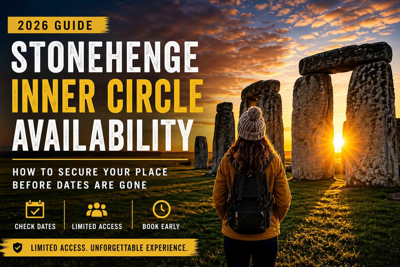 Stonehenge Inner Circle availability sunrise view with visitor standing inside stone circle limited access experience 2026