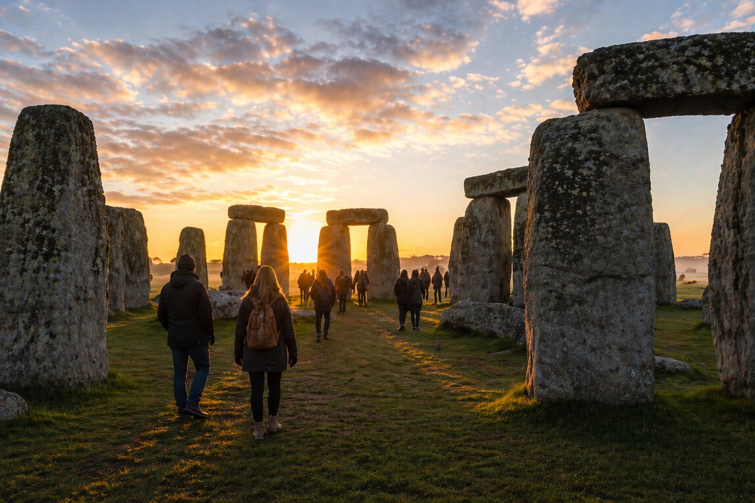Stonehenge Inner Circle access visitors walking among stones at sunrise