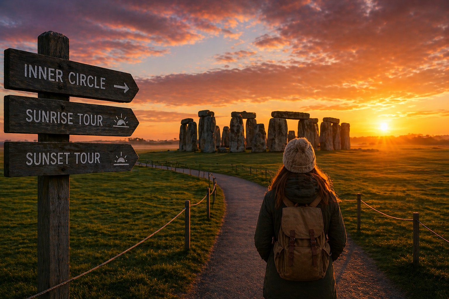 Stonehenge Inner Circle visitor walking toward the stones at sunset choosing between sunrise and sunset tours