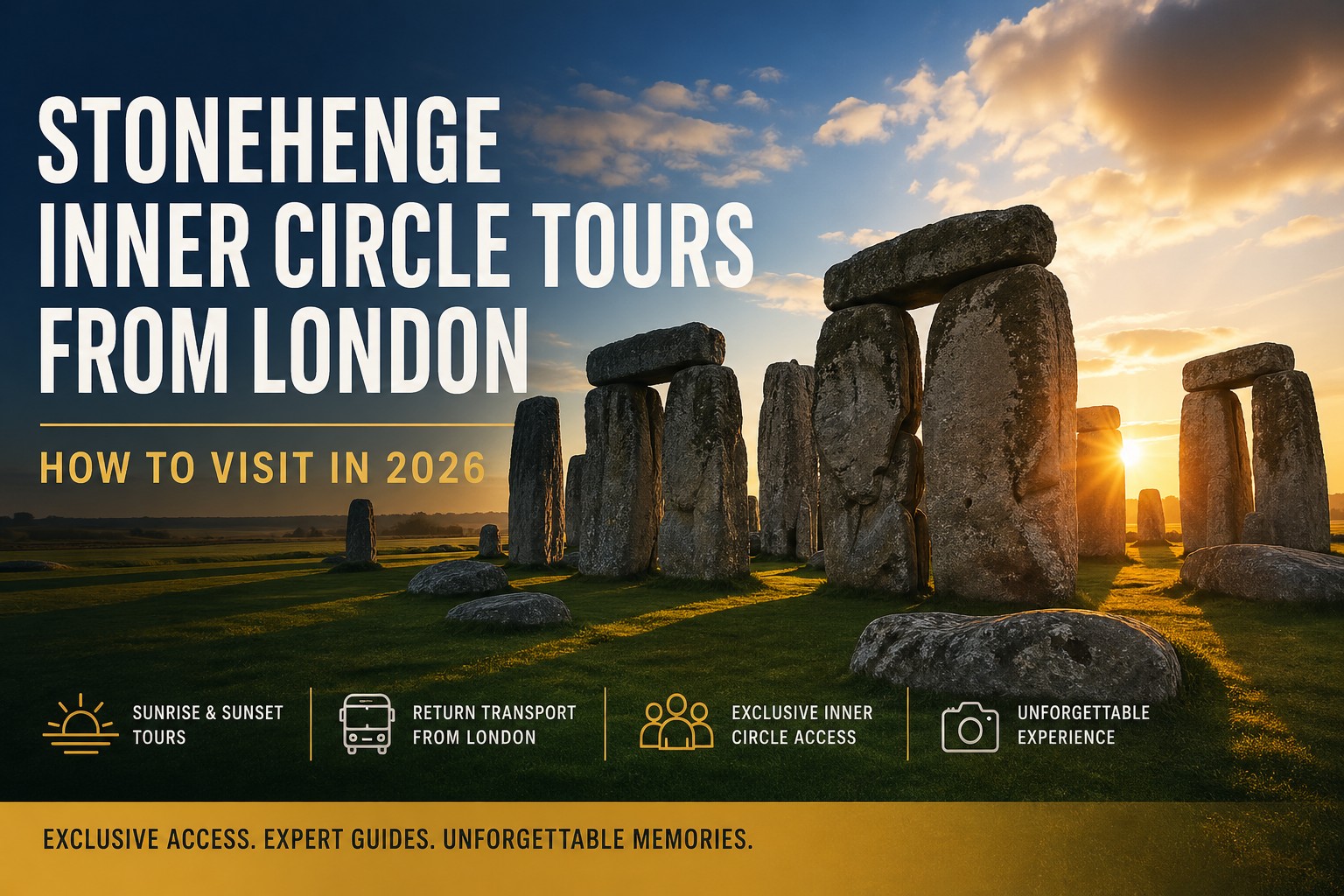 Stonehenge Inner Circle tours from London at sunrise with golden light over the stone circle