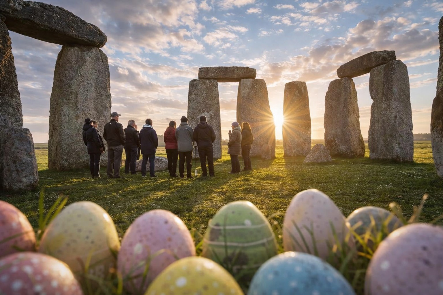 Stonehenge Inner Circle sunrise tour at Easter with visitors inside the stone circle in spring