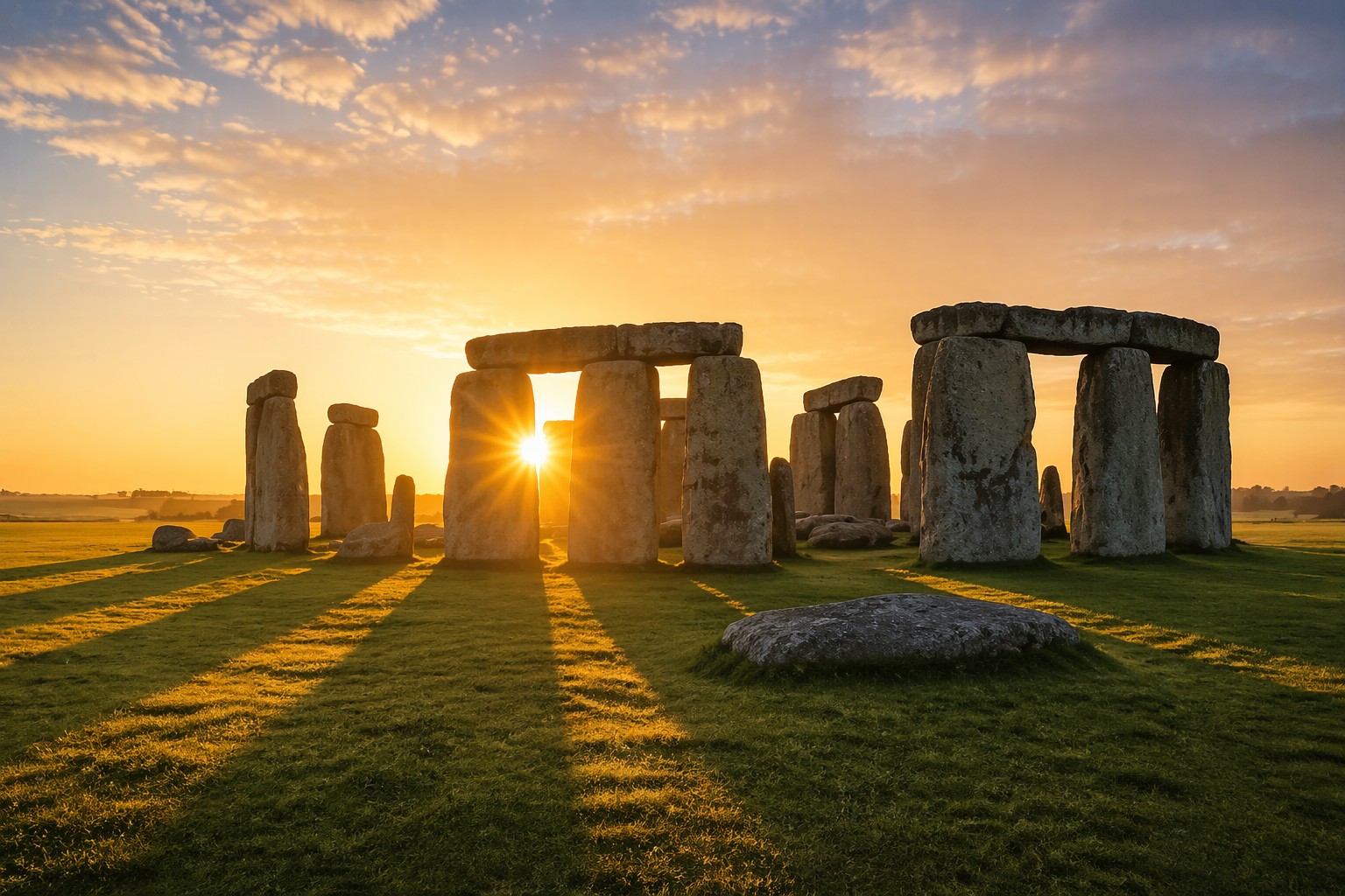 Stonehenge sunrise long shadows across stones Wiltshire England