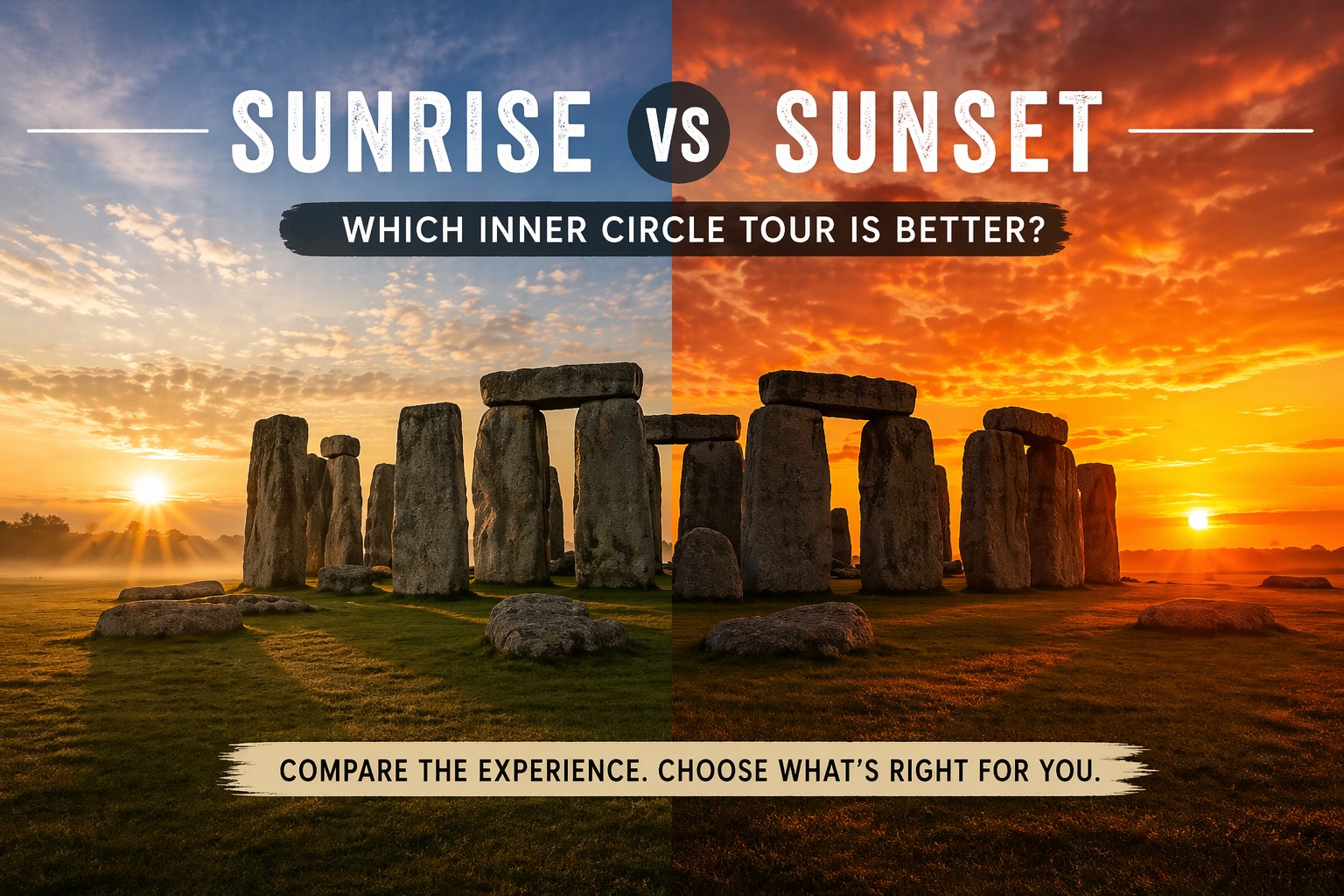 Stonehenge sunrise vs sunset Inner Circle tour comparison with split sky lighting
